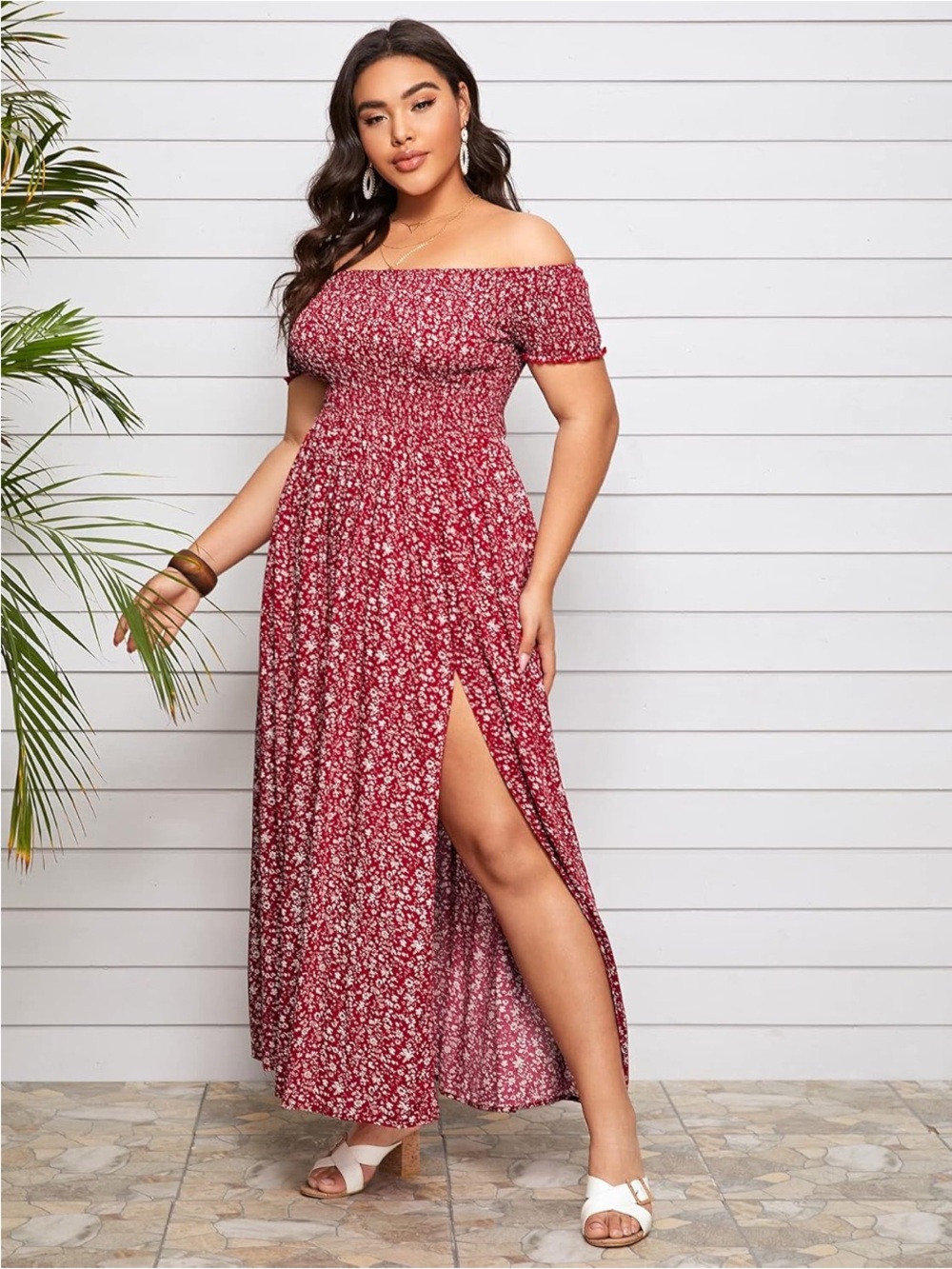 Sexy, Smocked, Red Floral Midi Dress with Ruffle Sleeves